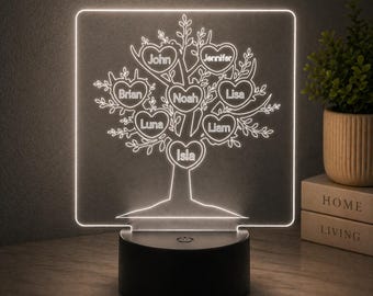 Personalized Family Tree LED Night Light, 8 names, Custom Name Acrylic Lamp, Meaningful Gift for Mom, Grandma, Family Keepsake Decor
