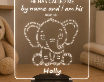 Personalized Elephant Night Light, Isaiah 43:1 Baby Name LED Acrylic Nursery Sign