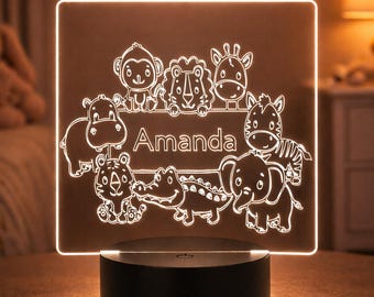 Personalized Kids LED Name Light, Engraved Acrylic Night Lamp, Safari Animals Nursery Decor