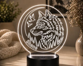 Personalized Wolf LED Night Light | Custom Name Wolf Lamp | Kids Nightlight | Boys Room Decor | Woodland Nursery Gift