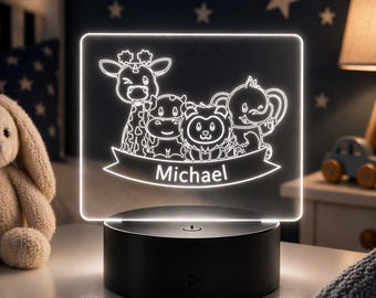 Personalized Safari Animals Nursery LED Night Light, Custom Name Lamp