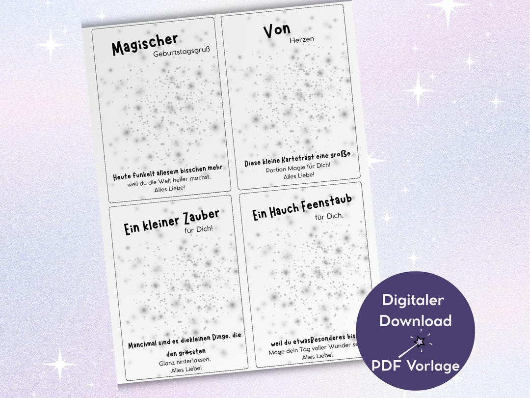 Geburtstagskarte Zum Ausdrucken PDF | 4 Magische Karten A4 | DIY