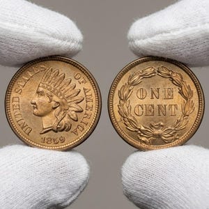 May include: Two antique Indian Head pennies. One side features a profile of a Native American in a feathered headdress, the year 1859, and the words "United States of America." The other side reads "One Cent" within a wreath.