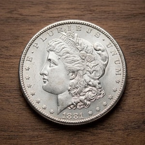 Op de afbeelding: Een zilveren munt met een gedetailleerd profiel van een vrouw, het woord "LIBERTY" en het jaartal 1881. De rand van de munt heeft een gestructureerd ontwerp en de woorden "E PLURIBUS UNUM" zijn zichtbaar.