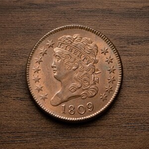Moneda antigua de medio centavo de 1809, cabeza clásica, cobre — Regalo de colección numismática estadounidense temprana