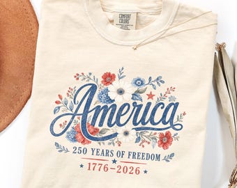 Floral 250th Anniversary Shirt, America Birthday Tee, Red White Blue Wildflower Shirt, Feminine Patriotic Graphic Tee