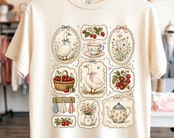 Vintage Cottagecore Goose T-Shirt PNG, Coquette Farmhouse Goosecore Gift, Floral Tea Party Aesthetic Graphic Tee PNG
