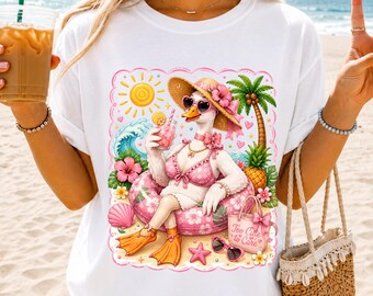 Too Cute To Care PNG, Coquette Summer Goose Shirt Design, Beach Goose PNG, Pink Tropical Duck Sublimation PNG