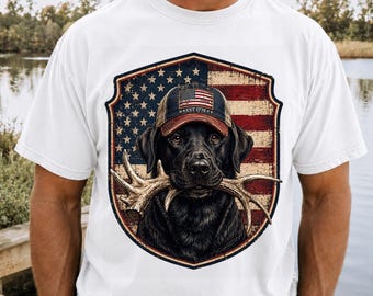 American Flag Lab PNG, Patriotic Dog Hunter PNG, Black Lab Hunting PNG, Vintage Antler Retriever Shirt, 1776 Mens Outdoorsman Dad Gift Tee