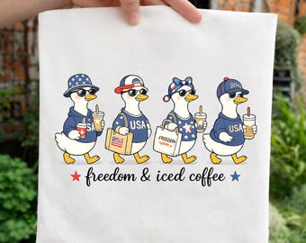 Freedom and Iced Coffee Ducks PNG, Patriotic Duck Shirt, Funny 4th of July Tee, USA Independence Day Shirt, American Ducks PNG