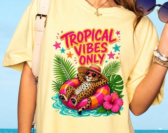 Tropical Vibes Only T-Shirt PNG, Cute Leopard Summer Pool Float Graphic Tee, Retro Beach Vacation Gift for Women PNG