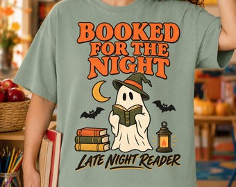 Late Night Reader Halloween PNG, Booked for the Night PNG,  Reading Ghost PNG, Spooky Book Lover Clipart, Witchy Bookish Halloween Design