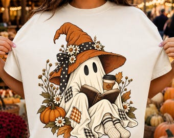 Cozy Reading Ghost PNG, Witch Hat Halloween PNG, Fall Book Lover PNG, Cute Spooky Ghost Clipart, Autumn Pumpkin Coffee Sublimation Design