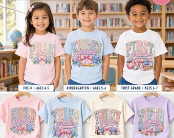 School Grade Bundle PNG, Preschool to Fifth Grade PNG, Kindergarten First Grade PNG, Floral Bow Shirt Graphics, Student Back to School Gift