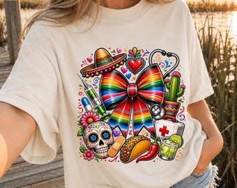 Mexican Nurse PNG, Fiesta Bow PNG, Nurse Life PNG, Cinco de Mayo Shirt, Colorful Medical Tee, Latina Nurse Gift, Serape Bow Graphic Tee