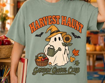 Garden Ghoul Club Halloween PNG, Harvest Haunt PNG,  Gardening Ghost PNG, Cute Fall Garden Clipart, Sunflower Pumpkin Spooky Season Design