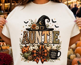 Halloween Auntie PNG, Witchy Auntie Vibes PNG, Cute Pumpkin Witch PNG, Spooky Season Aunt Shirt, Fall Coffee Lover Gift, Plaid Bow Gift