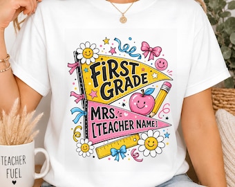 Personalized First Grade PNG, Teacher Name Pennant PNG, Retro School PNG, Colorful First Grade Shirt Design, Back to School Teacher Gift