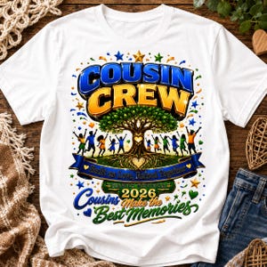 May include: A white short-sleeve t-shirt featuring a colorful graphic of a tree with silhouettes of children, the text COUSIN CREW, Built on Love, Raised Together, FAMILY REUNION 2026, and the phrase Cousins Make the Best Memories with stars.