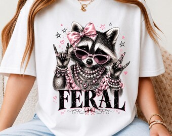 Feral Raccoon PNG, Coquette Trash Panda PNG, Pink Bow Raccoon Shirt Design, Funny Retro Sublimation PNG
