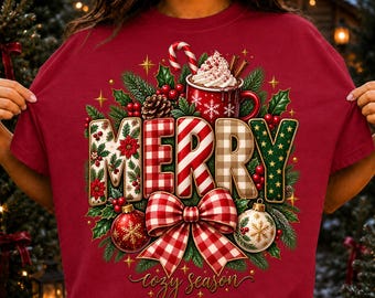 Merry Cozy Season PNG, Christmas Plaid PNG, Holiday Bow PNG, Hot Cocoa Christmas Graphic, Festive Winter Design, Cozy Christmas Mama Gift