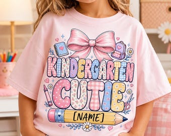 Kindergarten Cutie PNG, Personalized Name PNG, Coquette Bow School PNG, First Day Kindergarten Shirt, Pastel Floral Girl Student Tee Gift