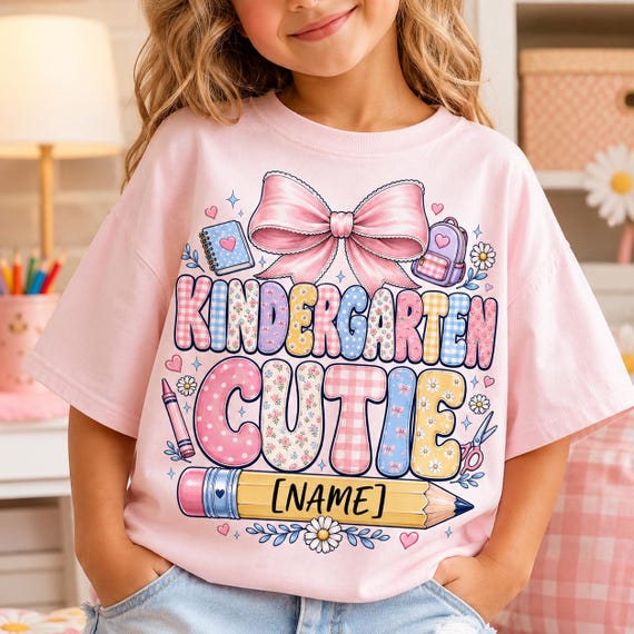 Kindergarten Cutie PNG, Personalized Name PNG, Coquette Bow School PNG, First Day Kindergarten Shirt, Pastel Floral Girl Student Tee Gift