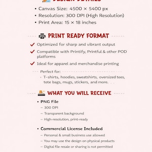 May include: A digital product information sheet titled DESIGN DETAILS, PRINT READY FORMAT, and WHAT YOU WILL RECEIVE. It lists specifications including a 4500 x 5400 px canvas size, 300 DPI resolution, and a 15 x 18 inches print area for PNG files.