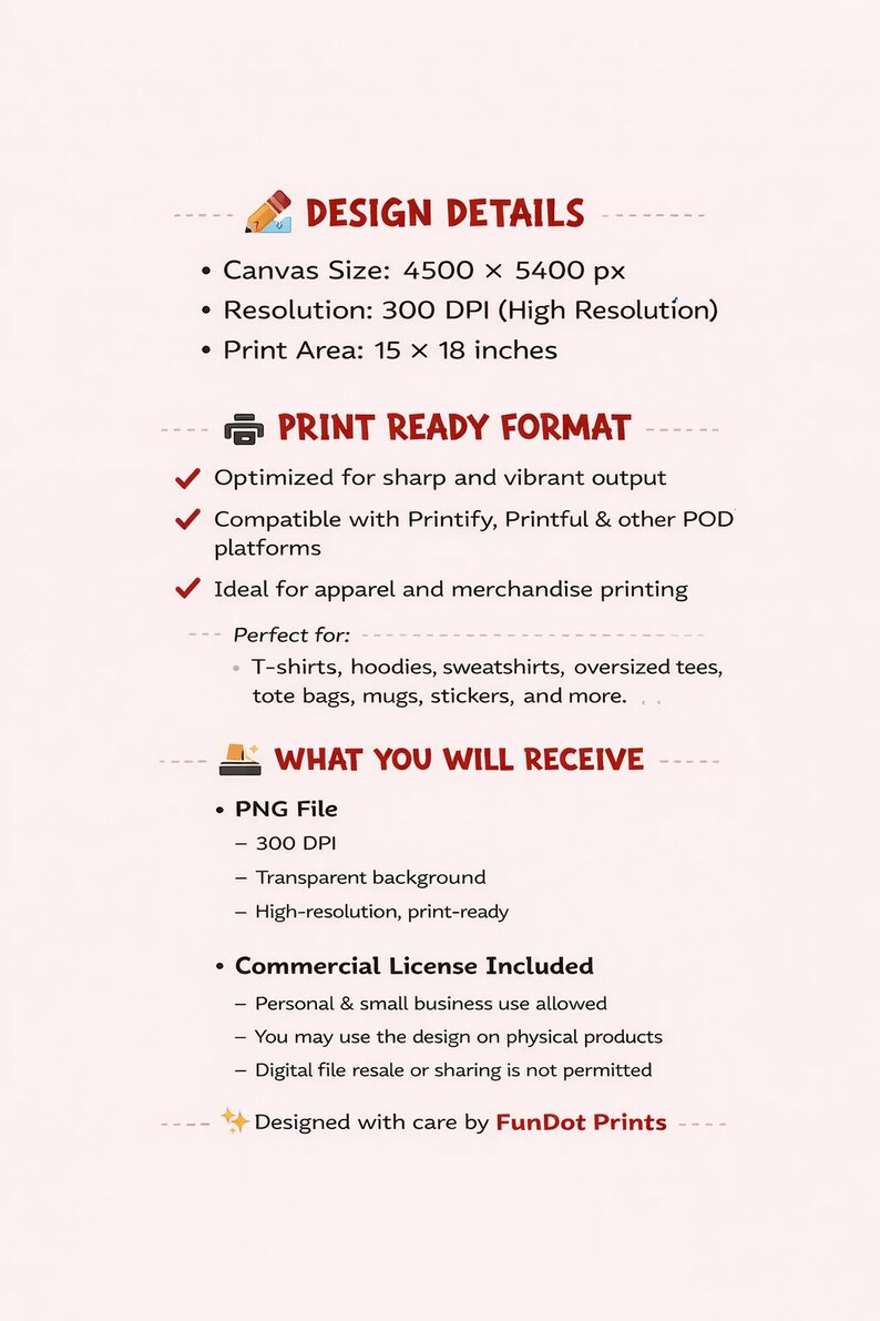 May include: A digital product information sheet titled DESIGN DETAILS, PRINT READY FORMAT, and WHAT YOU WILL RECEIVE. It lists specifications including a 4500 x 5400 px canvas size, 300 DPI resolution, and a 15 x 18 inches print area for PNG files.