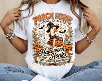 Porch Goose Spooky Social Club PNG T-Shirt, Halloween Honks Goose Graphic Tee PNG, Cute Pumpkin Fall Halloween Gift