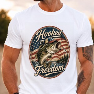 Patriotic Fishing PNG, Hooked on Freedom PNG, Bass Fish American Flag PNG, Vintage Fourth of July Shirt Design, Mens Dad Angler Gift Tee