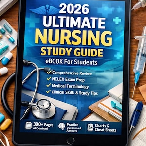 Könnte beinhalten: Ein Tablet mit dem eBook "2026 Ultimate Nursing Study Guide". Das Cover hat ein blaues und gelbes Design mit medizinischen Symbolen. Der Bildschirm zeigt Lernthemen, einschließlich NCLEX-Prüfungsvorbereitung und medizinischer Terminologie. Medizinische Geräte umgeben das Tablet.