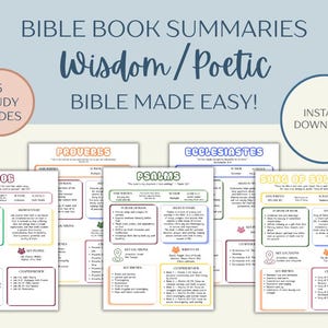 Könnte beinhalten: Eine digitale Download-Grafik mit dem Text "BIBLE BOOK SUMMARIES Wisdom/Poetic BIBLE MADE EASY!" und "5 STUDY GUIDES". Das Bild enthält Zusammenfassungen von Hiob, Sprichwörter, Prediger, Psalmen und Hoheslied.