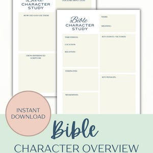 Könnte beinhalten: Zwei druckbare Bibelstudienblätter mit den Worten "Bible Character Study" in eleganter Schrift. Die Blätter haben Abschnitte für Notizen zu Charaktereigenschaften, Schlüsselereignissen und Bibelstellen. Ein rosa Kreis mit "Sofort-Download" ist ebenfalls sichtbar.