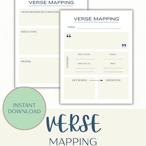 May include: Two white printable "Verse Mapping" templates with text fields for scripture, reflection, and prayer. The templates include the words "Verse Mapping", "Instant Download", and fields for context, keywords, and definitions.