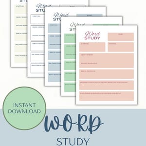 May include: Several Word Study templates in pastel shades. Each sheet includes sections for scripture, translation, and definitions. The words "Word Study" and "Instant Download" are also visible.