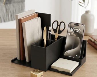 Minimalist Desk Organizer with Phone Stand - 3D Printed Modern Pen Holder - Matte Black or White Office Tidy and Notebook Storage