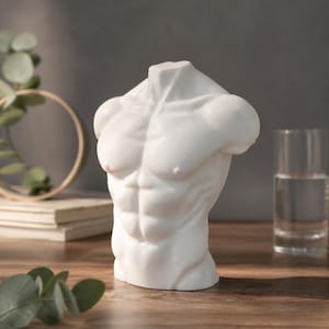 May include: A white, sculpted torso statue depicting a male figure. The statue is a detailed representation of the upper body, showcasing defined pectoral muscles and abdominal definition. The sculpture is placed on a wooden surface.