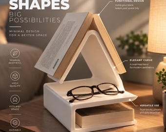 May include: A white, triangular-shaped book stand with a flat base and a central shelf. The stand holds an open book on its top angled surface and a closed book on the lower shelf. A pair of dark-rimmed glasses rests on the middle platform.