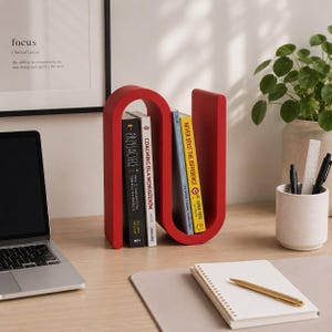 May include: A bright red, S-shaped metal bookend holding four books upright. The bookend has a smooth, curved design that creates two distinct sections for organizing reading materials on a desk surface alongside a laptop and stationery.