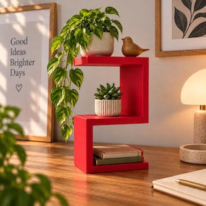May include: A bright red S-shaped shelf featuring three tiers. The top tier holds a potted trailing green plant and a small brown bird figurine. The middle tier displays a small succulent in a white ribbed pot. The bottom tier holds two stacked notebooks.