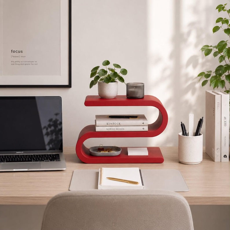 May include: A red S-shaped desk organizer with two tiers, holding a small potted plant and a grey candle on the top shelf, and a grey tray with small items and a white notepad on the bottom shelf, positioned on a wooden desk surface.