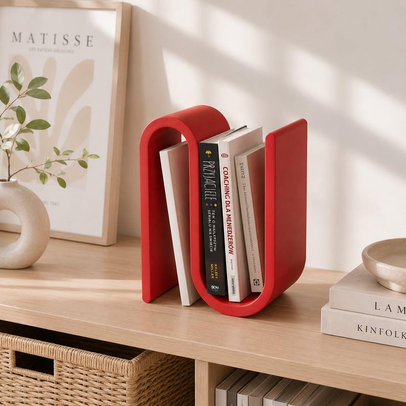 May include: A bright red, S-shaped book rack made of a smooth, solid material. The rack holds three books upright, including titles titled Przyjaciele and Coaching dla Menedżer&oacute;w, with the curved structure providing support on both sides.