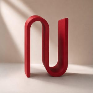 May include: A solid red sculptural object featuring a continuous, fluid S-shaped curve. The piece has a smooth, matte finish and a uniform thickness throughout its structure, forming a vertical, serpentine silhouette that stands upright on its base.