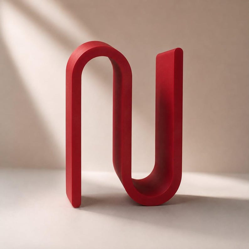 May include: A solid red sculptural object featuring a continuous, fluid S-shaped curve. The piece has a smooth, matte finish and a uniform thickness throughout its structure, forming a vertical, serpentine silhouette that stands upright on its base.