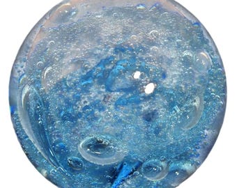 Art Glass Paperweight Blue Controlled Bubble Sphere Polished Base Desk Decor