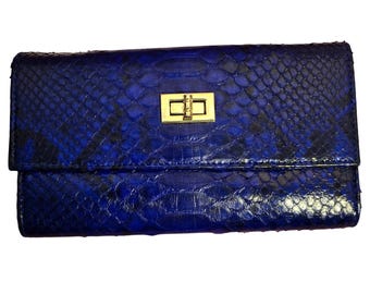 Electric Blue Snakeskin Python Trifold Wallet Gold Turn Lock Closure Luxury