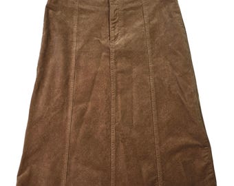 Carolina Blues Brown Corduroy Midi Skirt Size 12 Stretch A-Line Camel Cotton