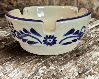 Floral Mexican Folk Art Ashtray Vintage Talavera Hand Painted Ceramic Blue 4.25"