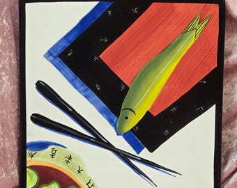 Vintage Z Logo Hand Painted Sushi Platter Square Ceramic Fish Chopsticks Plate